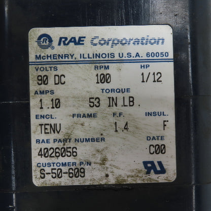RAE 4026056 S-50-609 1/12HP Inline Gear Motor 90VDC 100RPM Output 53 In Lb. Torq