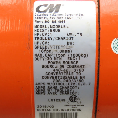 CM Model L 1 Ton Electric Chain Hoist 15' Lift 16FPM 208-480V 3Ph W/ DC Braking
