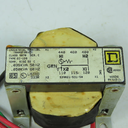 Square D Class 9070 1PH .050kVA Control Transformer Pri 440-480V Sec 110-120V