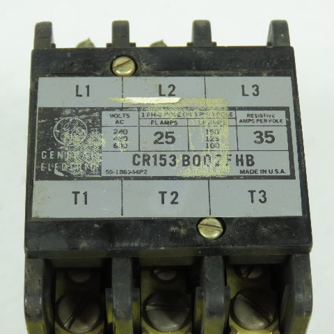 General Electric CR153B002FHB 25A 3-Pole Contactor 600VAC Max 120V Coil
