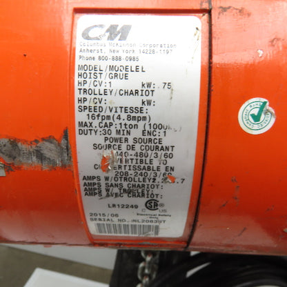 CM Model L 1 Ton Electric Chain Hoist 15' Lift 16FPM 208-480V 3Ph W/ DC Braking