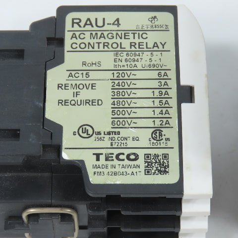 Teco RAU-4 AC Magnetic Control Relay 4-Pole 220V Coil 6A 600VAC Max Lot Of 3
