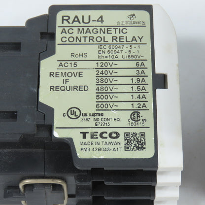 Teco RAU-4 AC Magnetic Control Relay 4-Pole 220V Coil 6A 600VAC Max Lot Of 3