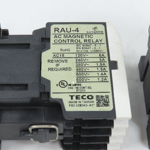 Teco RAU-4 AC Magnetic Control Relay 4-Pole 110V Coil 6A 600VAC Max Lot Of 2