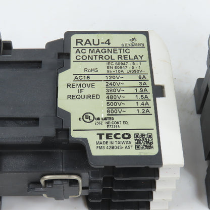 Teco RAU-4 AC Magnetic Control Relay 4-Pole 110V Coil 6A 600VAC Max Lot Of 2