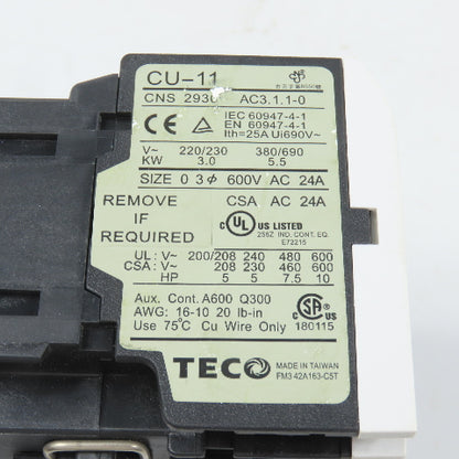 Teco CU-11 Size 0 Reversing Magnetic Contactor 3PH 10HP 220V Coil 24A