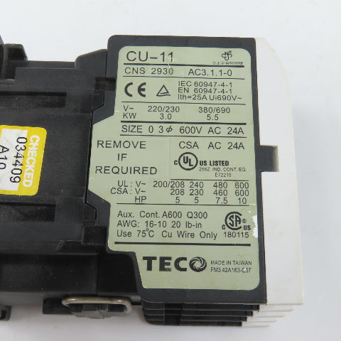 Teco CU-11 Size 0 Magnetic Contactor 3PH 10HP 220V Coil 24A 600VAC Max