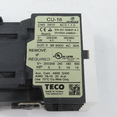 Teco CU-16 Size 0 Magnetic Contactor 3PH 10HP 110V Coil 30A 600VAC Max