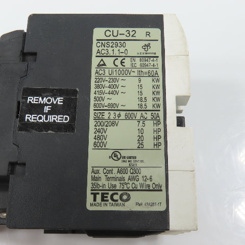 Teco CU-32R Size 2 Magnetic Contactor 3PH 25HP 220V Coil 50A 600VAC Max