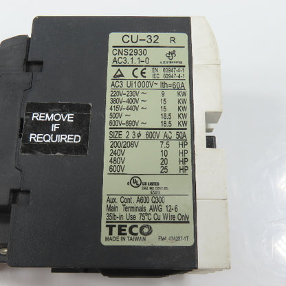 Teco CU-32R Size 2 Magnetic Contactor 3PH 25HP 220V Coil 50A 600VAC Max