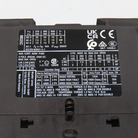 Eaton DILM25-10 XTCE025C10 3PH 20HP Contactor 110V Coil 40A 600V Max
