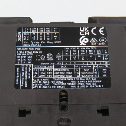 Eaton DILM25-10 XTCE025C10 3PH 20HP Contactor 110V Coil 40A 600V Max