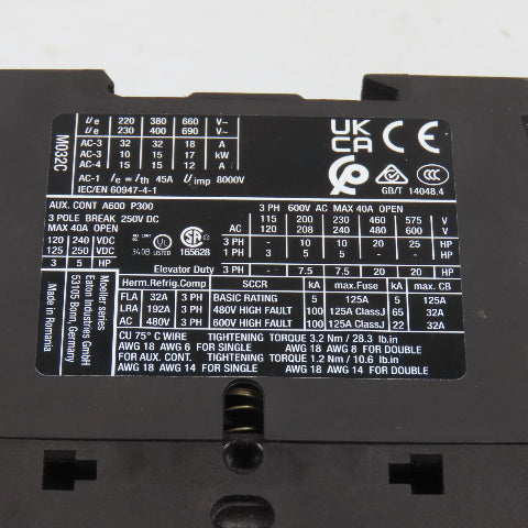 Eaton DILM32-10 XTCE032C10 3PH 25HP Contactor 110V Coil 40A 600V Max