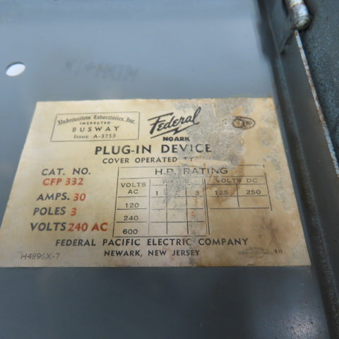 Federal Pacific CFP 332 30A 240VAC Cover Operated Fusible Bus Plug Switch 3P