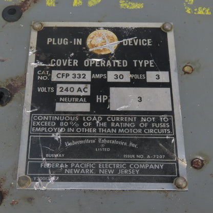 Federal Pacific CFP 332 30A 240VAC Cover Operated Fusible Bus Plug Switch 3P