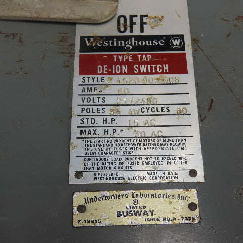 Westinghouse 456D 905 G08 60A Busway Bus Plug De-Ion Switch 277/480V