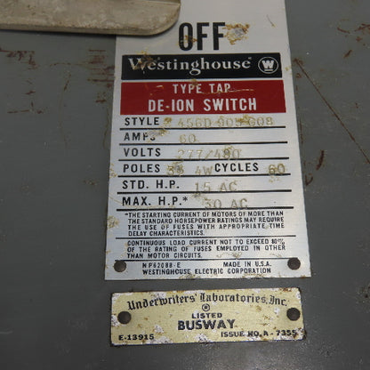 Westinghouse 456D 905 G08 60A Busway Bus Plug De-Ion Switch 277/480V