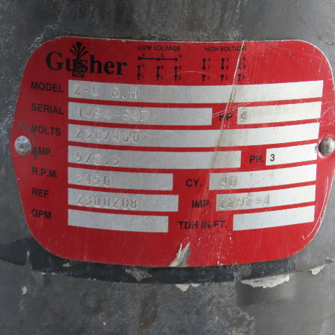Gusher 2-C RH 2HP Coolant Pump 3450RPM 230/460V 3PH 1-1/4" x 2" 2292-J Impeller