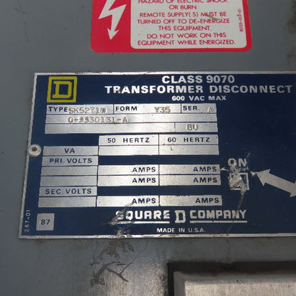 Square D SK5271W Class 9070 1800VA Transformer Disconnect Pri 230/460 Sec 115V