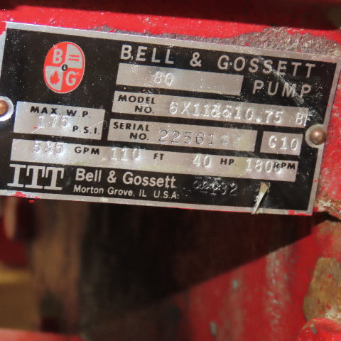 Bell & Gossett 6x11 10.75 40Hp 208-230/460V 3Ph 535GPM 6" Flange Mount Pump