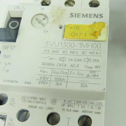 Siemens 3VU1300-1MH00 .6-2.4A Motor Protector Circuit Breaker 600VAC Lot Of 2