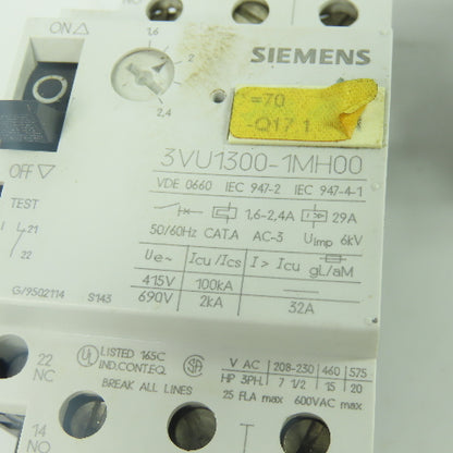 Siemens 3VU1300-1MH00 .6-2.4A Motor Protector Circuit Breaker 600VAC Lot Of 2