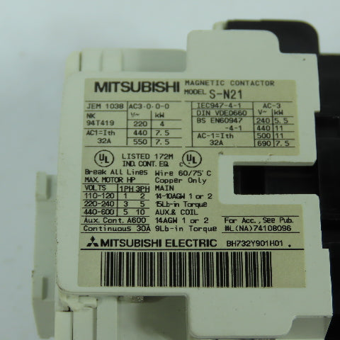 Mitsubishi S-N21 Magnetic Contactor 10HP 30A 110V Coil W/ TH-N20KP Overload