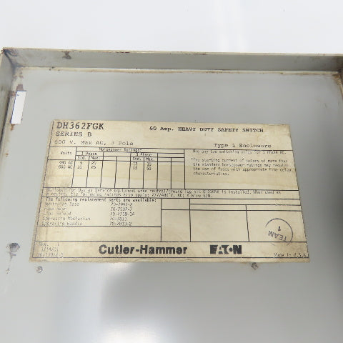 Cutler Hammer DH362FGK 60A Fusible Heavy Duty Safety Disconnect Switch 600VAC