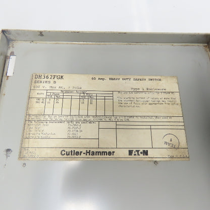 Cutler Hammer DH362FGK 60A Fusible Heavy Duty Safety Disconnect Switch 600VAC