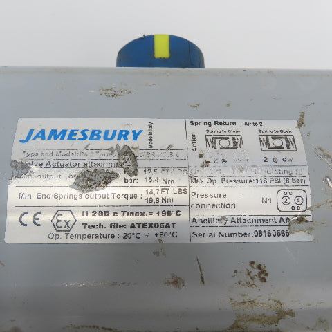 Jamesbury Pneumatic Valve Actuator 116PSI W/ 2" Stainless Steel Ball Valve