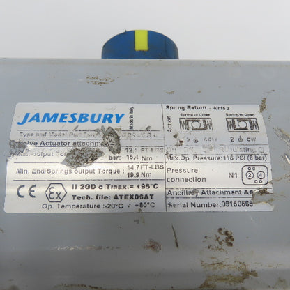 Jamesbury Pneumatic Valve Actuator 116PSI W/ 2" Stainless Steel Ball Valve