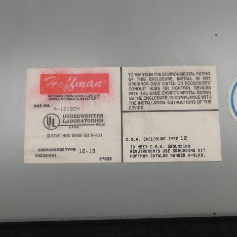 Hoffman A-1212CH 12" x 12" x 6" Electrical Enclosure W/ Backplate Type 12