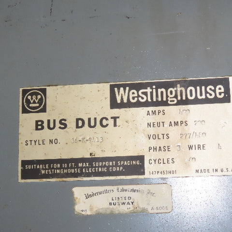 Westinghouse 36-E-9413 400A 277/480V 4 Wire 3Ph Bus Duct 10' Run W/ Branch Tee