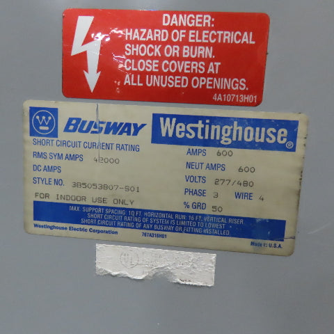 Westinghouse Busway 600A 277/480V 4 Wire 3Ph Bus Duct 10' Run W/ J-Box