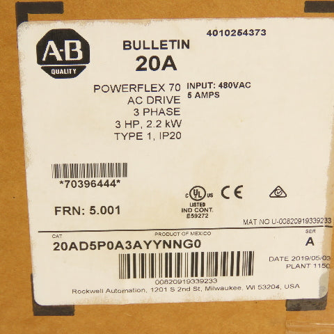 Allen Bradley 20AD5P0A3AYYNNG0 PowerFlex 70 3HP 2.2kW AC Drive 3PH NEW In Box