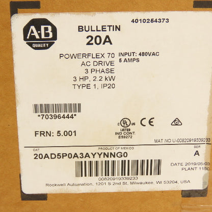 Allen Bradley 20AD5P0A3AYYNNG0 PowerFlex 70 3HP 2.2kW AC Drive 3PH NEW In Box