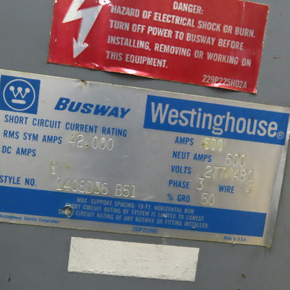 Westinghouse 600A 277/480V 4 Wire 3Ph Bus Duct 10' Run W/ J Box