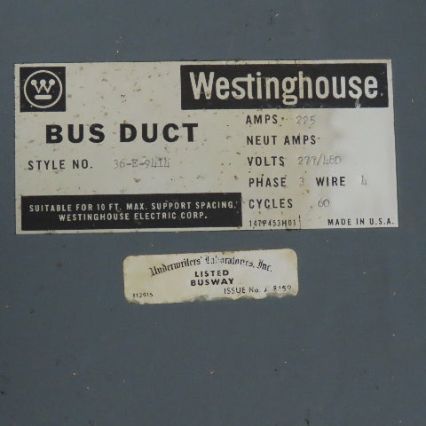 Westinghouse 225A 277/480V 4 Wire 3Ph Bus Duct 10' Run Branch Tee 203"