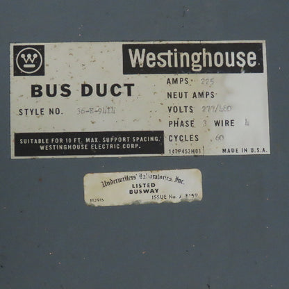 Westinghouse 225A 277/480V 4 Wire 3Ph Bus Duct 10' Run Branch Tee 203"