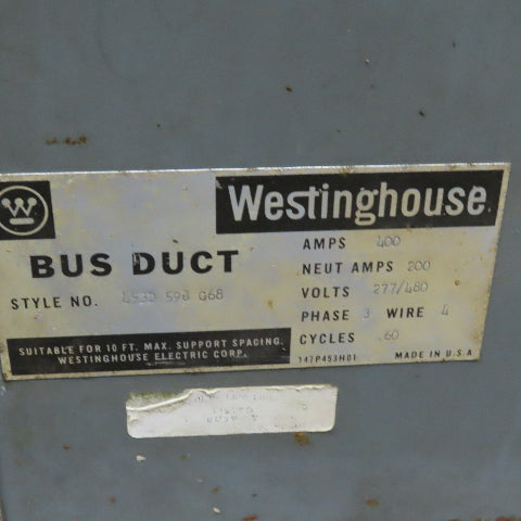 Westinghouse 453D 598 G68 400A 277/480V 4 Wire 3Ph Bus Duct 10'