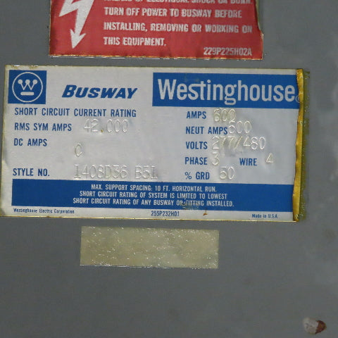 Westinghouse 1408D36B51 600A 277/480V 4 Wire 3Ph Bus Duct 10' Sections 30' Run