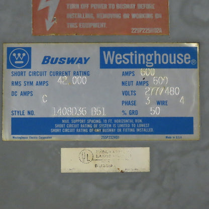 Westinghouse 1408D36 B51 600A 277/480V 4 Wire 3Ph Bus Duct 10' Run W/ J-Box