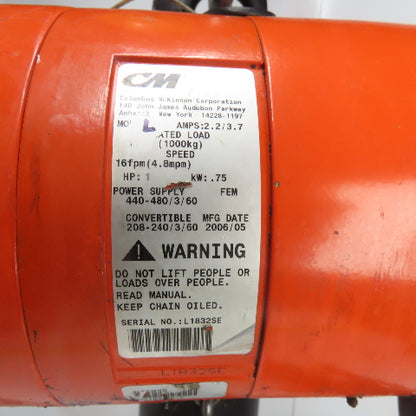 CM Lodestar Model L 1 Ton 2000LB Electric Chain Hoist 16FPM 15'Lift 230/460V 3Ph