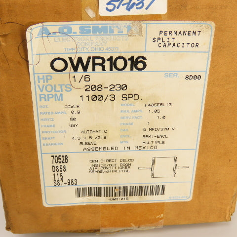 AO Smith F48SE6L13 1/6HP 3-Speed Electric Motor 208-230V 1PH 1100RPM 48T Fr. New