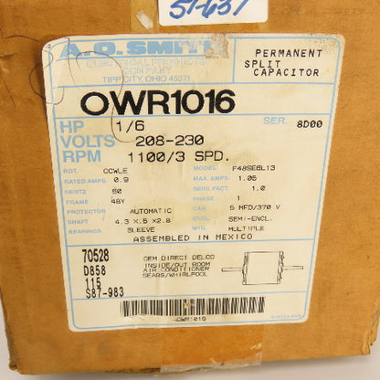 AO Smith F48SE6L13 1/6HP 3-Speed Electric Motor 208-230V 1PH 1100RPM 48T Fr. New