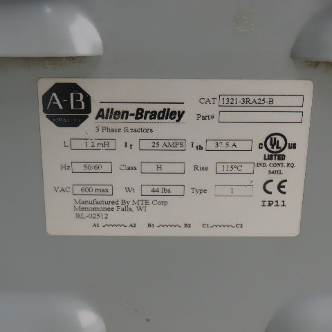 Allen Bradley 1321-3RA25-B 3Ph Line Reactor 25A 600VAC Class H 50/60Hz