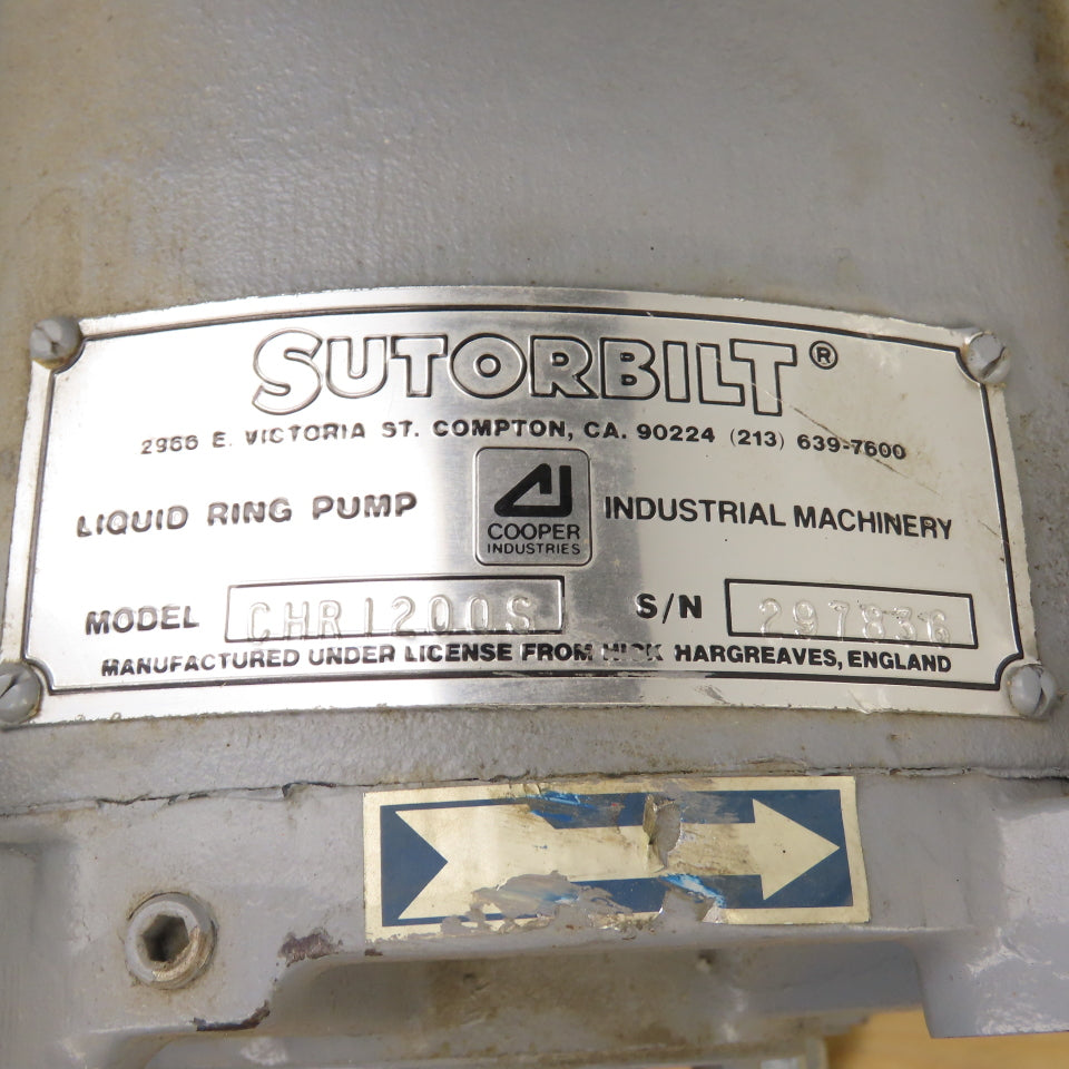 Sutorbilt CHR1200S 20HP Liquid Ring Vacuum Pump 230/460V 3PH 2.5" x 2.5"