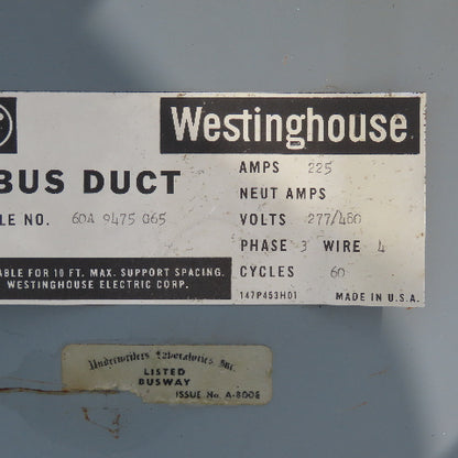 Westinghouse 60A9475G65 225A 277/480V 4 Wire 3Ph Bus Duct 3 Sections 60' Run