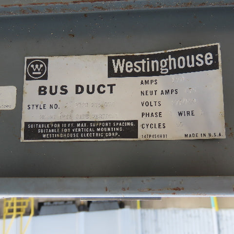 Westinghouse 372D275G76 1350A 4 Wire 3Ph 277/480V Bus Duct 20' Run W/ J-Box