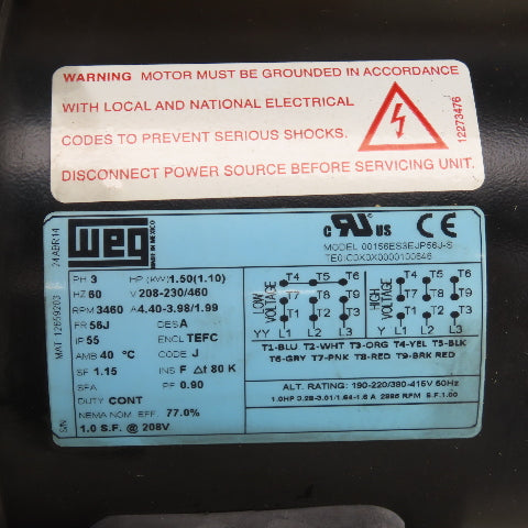 WEG 00156ES3EJP56J-S 1.5HP AC Electric Motor 3460RPM 208-230/460V 3PH 56J Frame